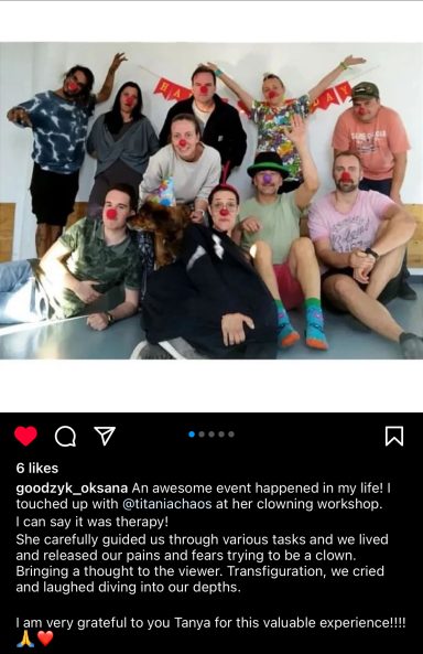 A group photo showing Titania Chaos with clown workshop participants at the Mini Art Foundation in Sofia. 